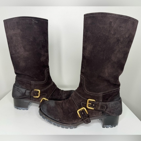 Prada Distressed Suede Mid Moto Boots with Gold Buckles - Luxury, Style, Edgy!! - Picture 1 of 9